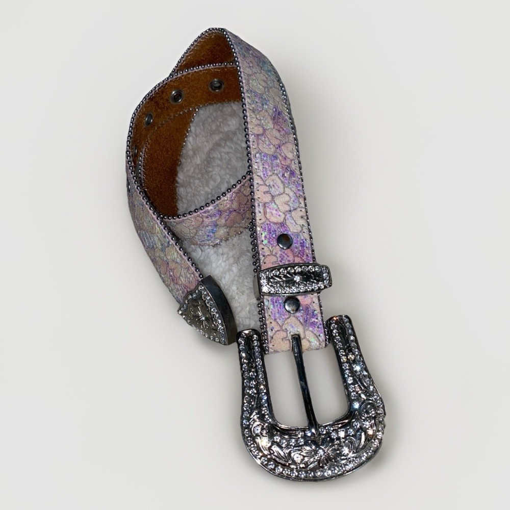 Shyanne Girls Pink Iridescent Heart Floral Leather Rhinestone Western Belt 22